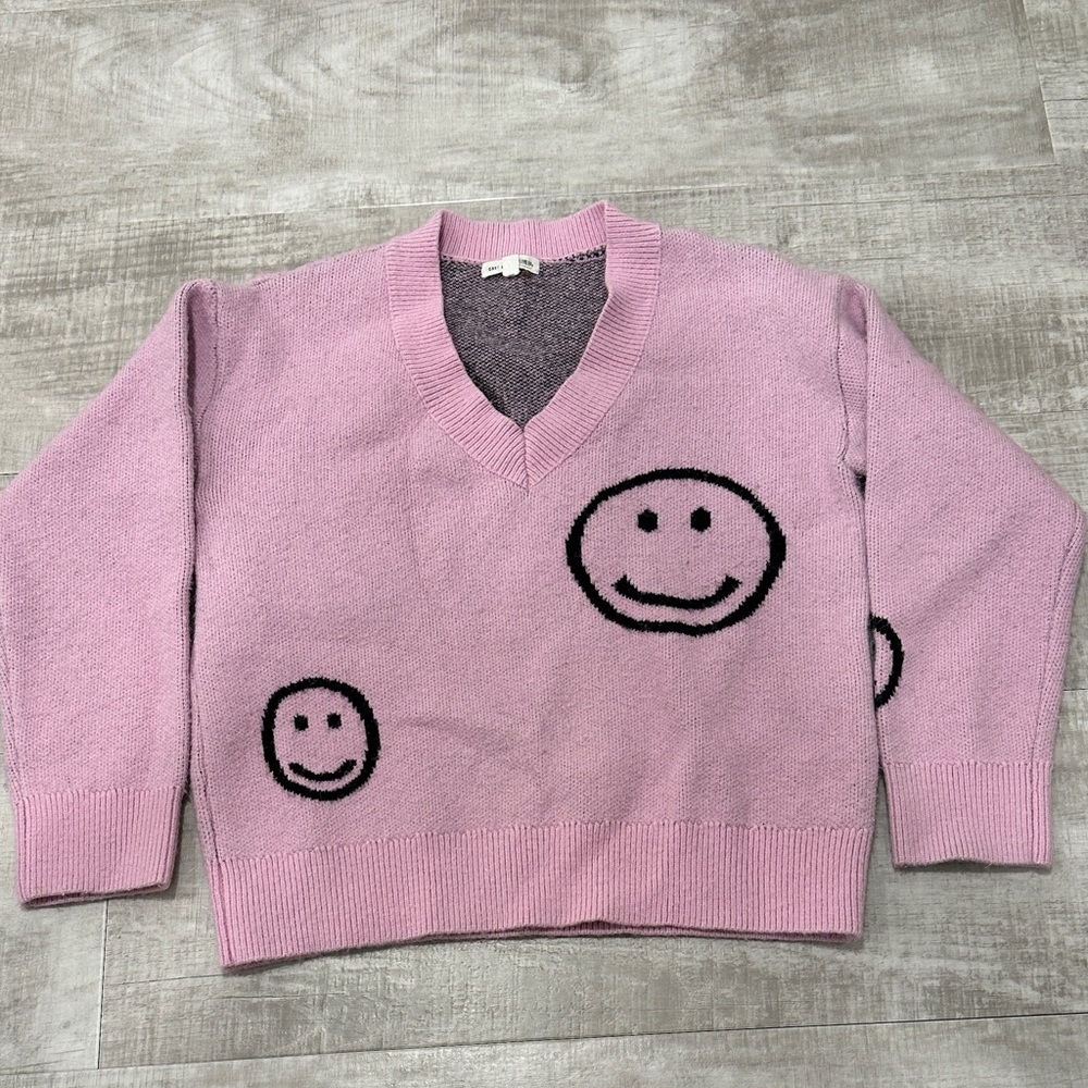 GREY LAB Pink and Black V-Neck Sweater with Smiley Faces